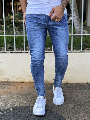 Calça Jeans Masculina Super Skinny Média Básica Sem Rasgo