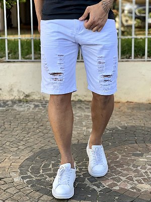 Bermuda Jeans Masculina Branca Destroyed %