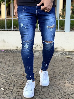 Calça Jeans Masculina Super Skinny Escura Destroyed Joelho Respingo