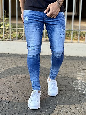 Calça Jeans Masculina Super Skinny Média Destroyed Clássica