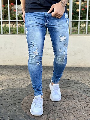 Calça Jeans Masculina Super Skinny Média Destroyed  Utah