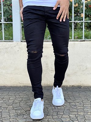 Calça Sarja Masculina Super Skinny Preta Rasgo No Joelho