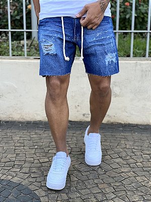 Bermuda Jeans Masculina Escura Destroyed Respingo