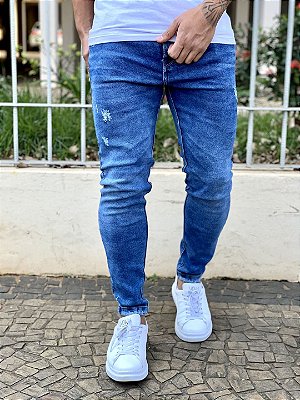 Calça Jeans Masculina Super Skinny Escura Destroyed Leve