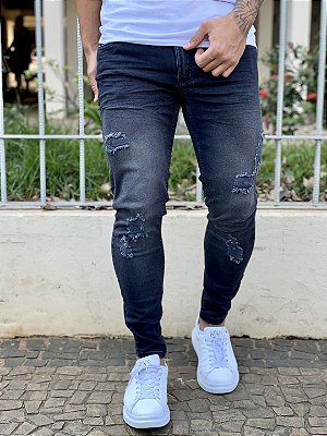 Calça Jeans Masculina Super Skinny Preta Lavada Destroyed Ultra
