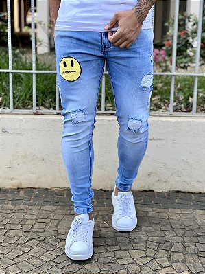 Calça Jeans Masculina Super Skinny Média Destroyed Patch 43