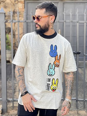 Camiseta Oversized Masculina Cinza Mescla Coelhos Coloridos