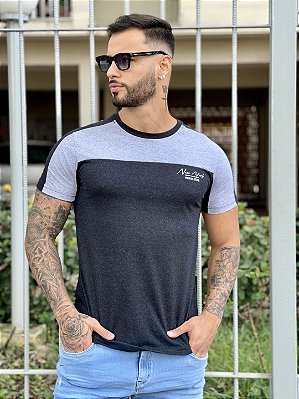 Camiseta Longline Masculina Cinza Claro Recorte Chumbo New York Minimal