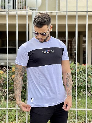 Camiseta Longline Masculina Branca Recorte Preto USA