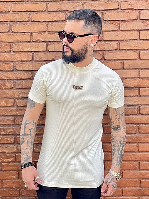 Camiseta Longline Masculina Off White Canelada Gola Alta