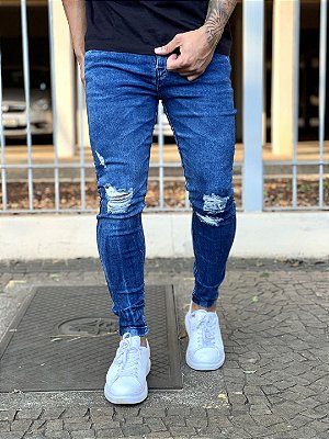 Calça Jeans Masculina Super Skinny Escura Destroyed Joelho