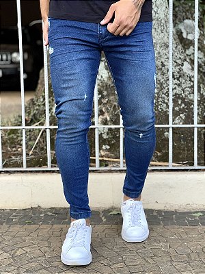 Calça Jeans Masculina Super Skinny Escura Com Puídos Leve