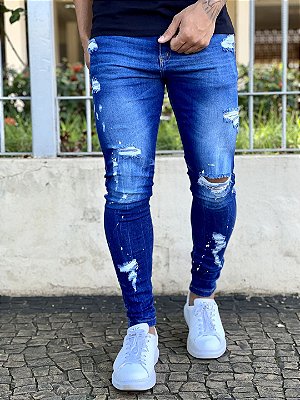 Calça Jeans Masculina Super Skinny Escura Destroyed Respingo