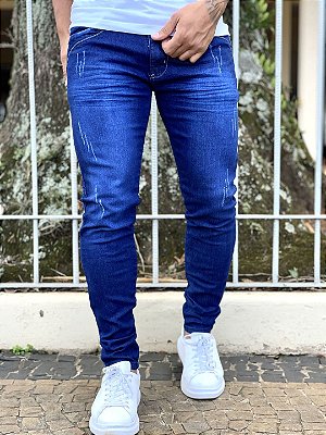 Calça Jeans Masculina Super Skinny Escura Puídos Leves %