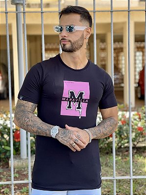 Camiseta Longline Masculina Preta Box M Rosa