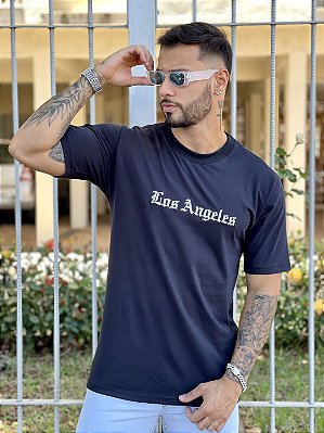 Camiseta Oversized Masculina Preta Bordado Los Angeles