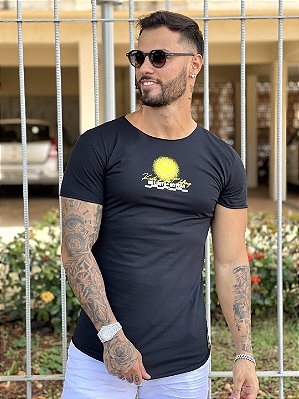 Camiseta Longline Masculina Preta Logo Smile #