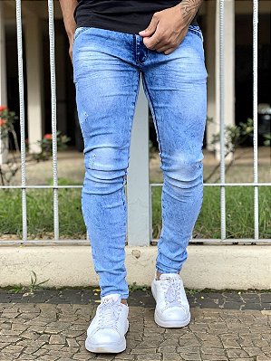 Calça Jeans Masculina Skinny Clara Com Puídos Detalhes