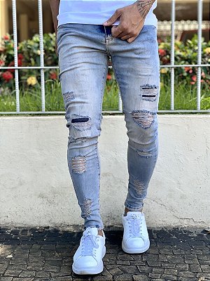 Calça Jeans Masculina Super Skinny Média Lavada Destroyed Com Forro