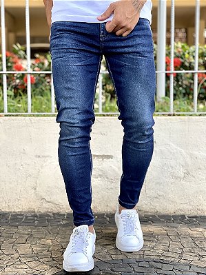 Calça Jeans Masculina Super Skinny Escura Básica Sem Rasgo