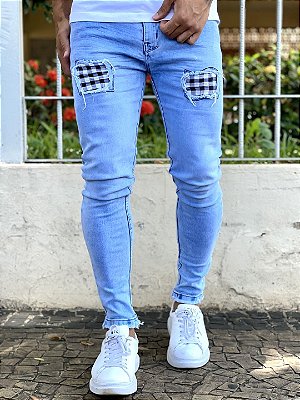 Calça Jeans Masculina Super Skinny Clara Com Forro Xadrez