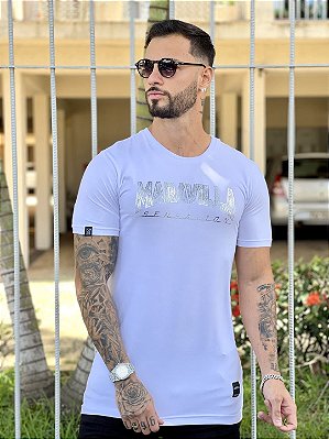 Camiseta Longline Masculina Branca EScritas Curved Foil