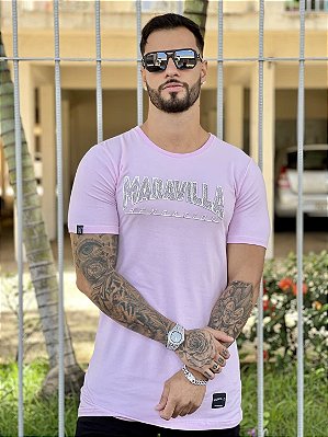 Camiseta Longline Masculina Rosa Claro Escritas Curved Sansation