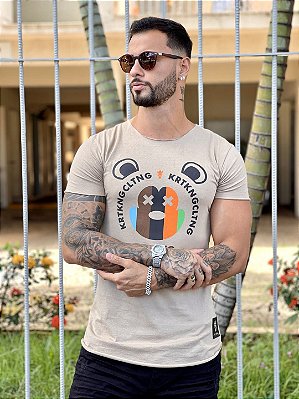 Camiseta Longline Masculina Bege Urso Frontal Color #