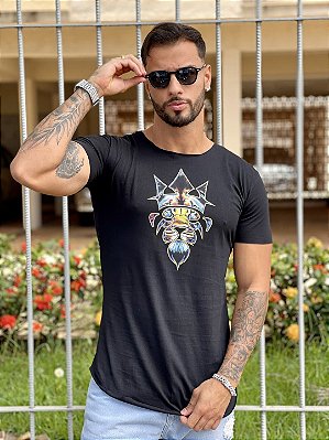 Camiseta Longline Masculina Preta Leão Premium #