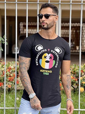 Camiseta Longline Masculina Preta Urso Frontal Color #