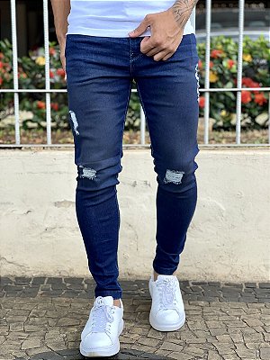 Calça Jeans Masculina Super Skinny Escura Destroyed Ultra