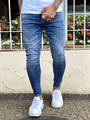 Calça Jeans Masculina Super Skinny Escura Puídos