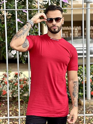 Camiseta Longline Masculina Vermelha Escrita Gola