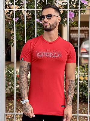 Camiseta Longline Masculina Vermelha Escritas Pedraria