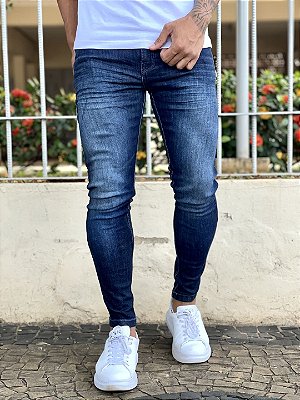 Calça Jeans Masculina Super Skinny Escura Premium Sem Rasgo