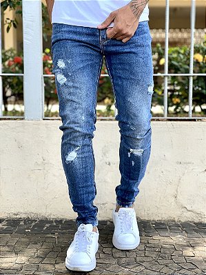 Calça Jeans Masculina Super Skinny Escura Destroyed Detalhes Claros