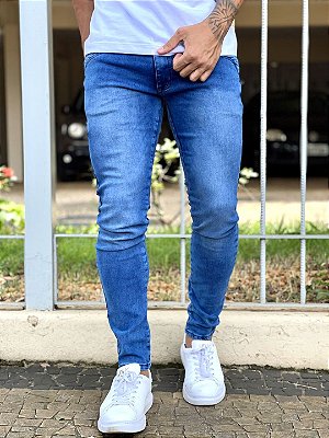 Calça Jeans Masculina Super Skinny Sem rasgo azul médio Mallorca ¬