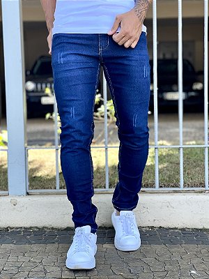 Calça Jeans Skinny Masculina Azul Escuro com Puidos M2 ¬