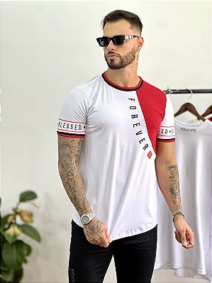 Camiseta Longline Masculina Bicolor Branca/Vermelha Forever