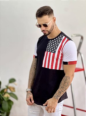 Camiseta Longline Masculina Preta Bandeira