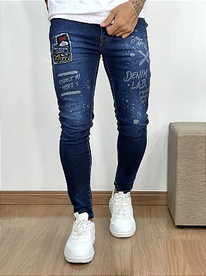 Calça Jeans MAsculina Super Skinny Escura Patch e Personalização
