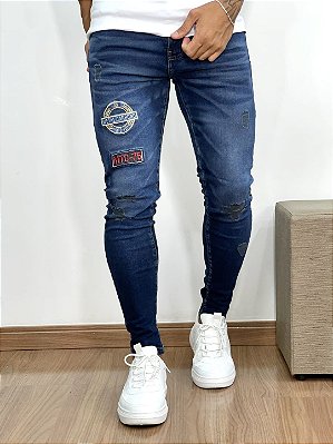 Calça Jeans Masculina Super Skinny Escura Destroyed Patch Brand