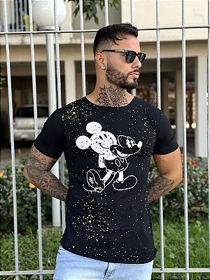 Camiseta Longline Masculina Preta Mickey Respingo #