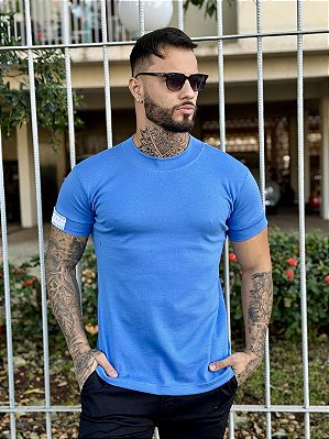 Camiseta Regular Masculina Básica Gola ALta Azul