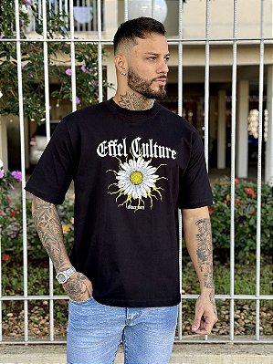 Camiseta Oversized Masculina Preta Girassol Escritas