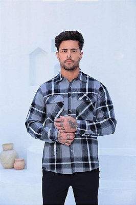 Camisa Masculina Xadrez Manga Longa Preta Flanelada com Bolso Frontal