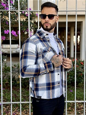 Camisa Masculina Xadrez Manga Longa Azul Flanelada com Bolso Frontal