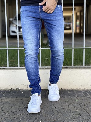 Calça Jeans Masculina Super Skinny Escura Destroyed Classica