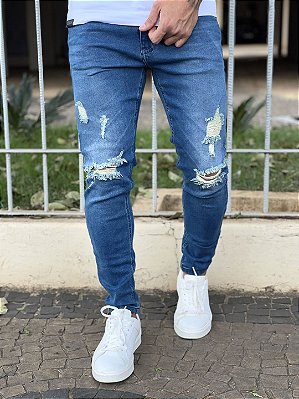 Calça Jeans Masculina Super Skinny Escura Destroyed Classica