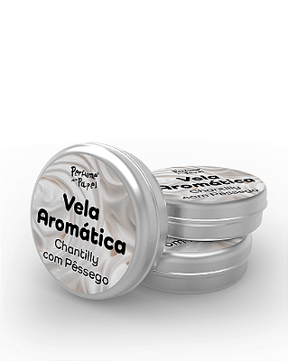 CHANTILY COM PÊSSEGO - 50 Mini vela latinha 20g com caixa de presente (Personalizavel) - Perfume para Papel